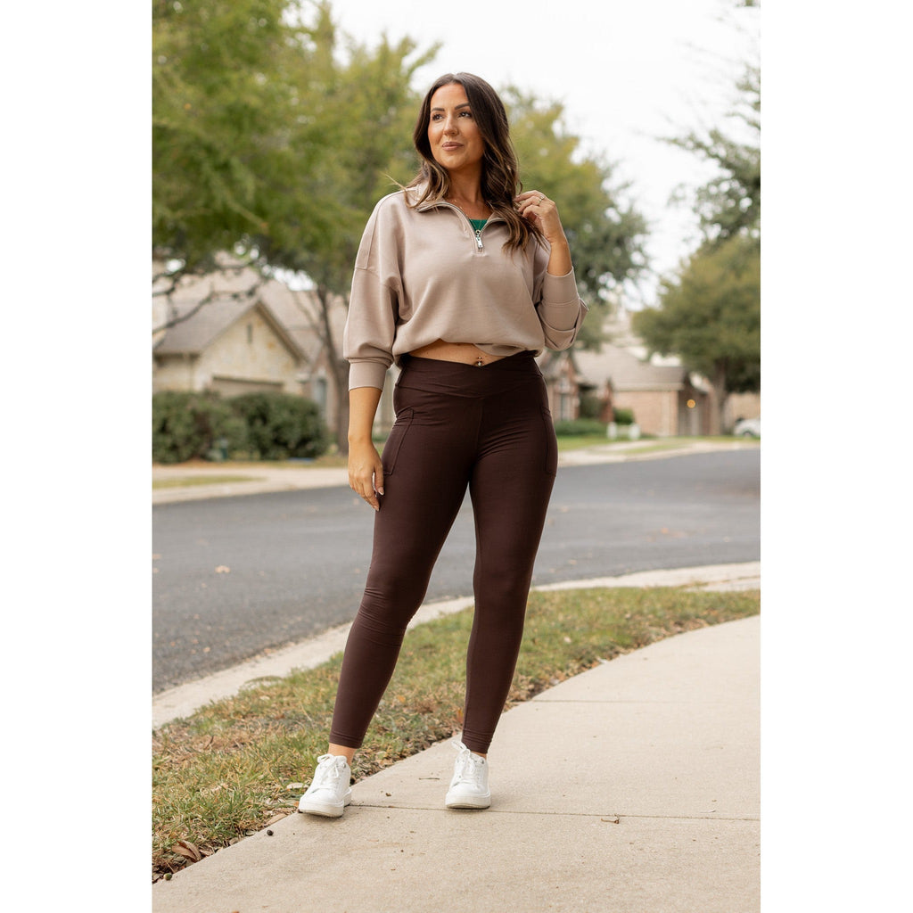 Ready to Ship | The Becca - BROWN Crossover Full Length Leggings with Pockets