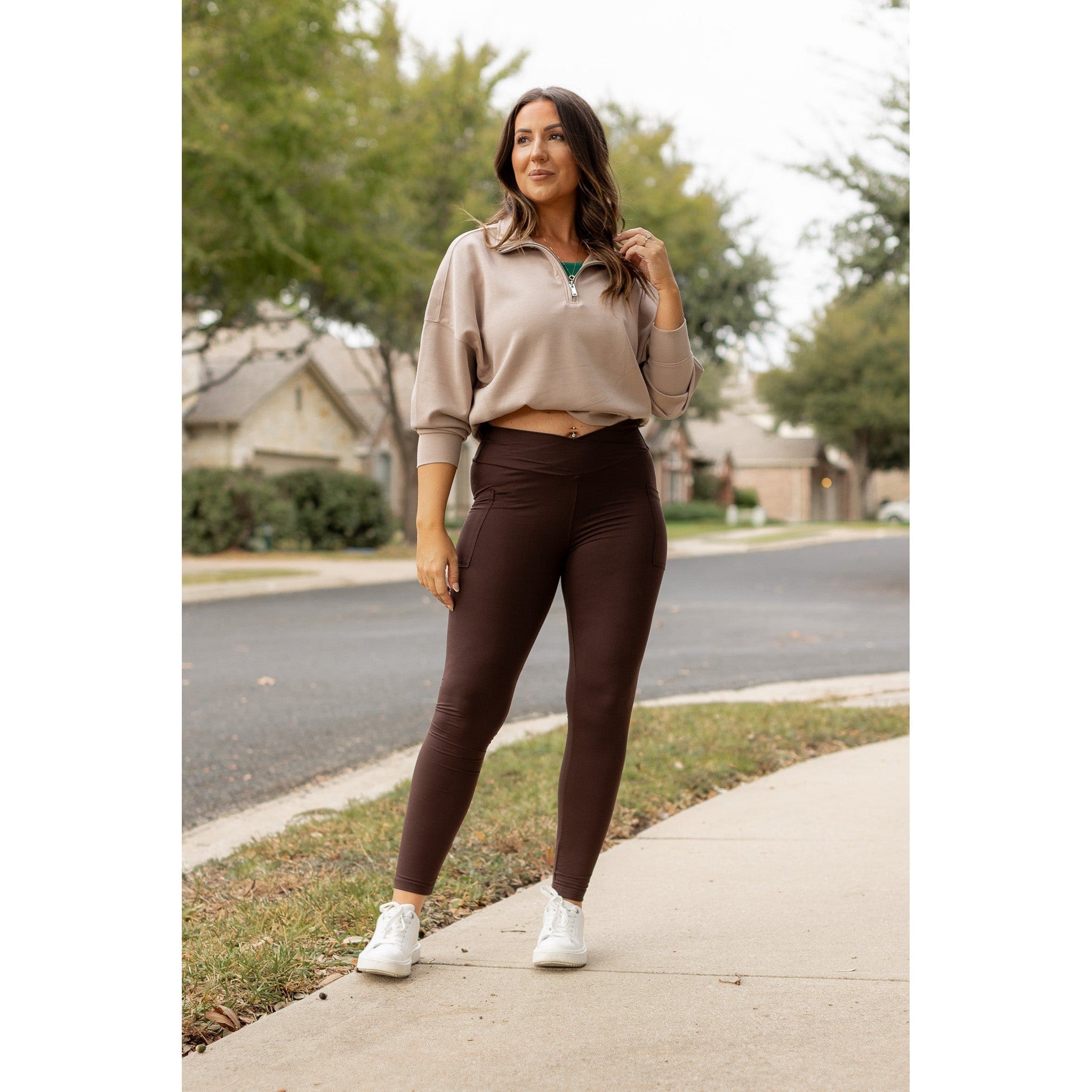 Ready to Ship | The Becca - BROWN Crossover Full Length Leggings with Pockets