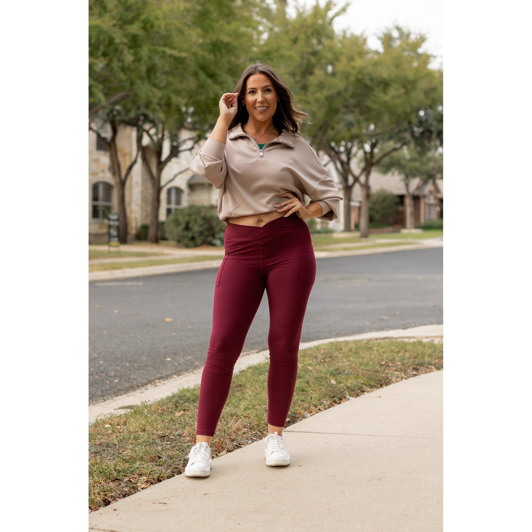 Ready to Ship | The Molly - MAROON Crossover Full Length Leggings with Pockets