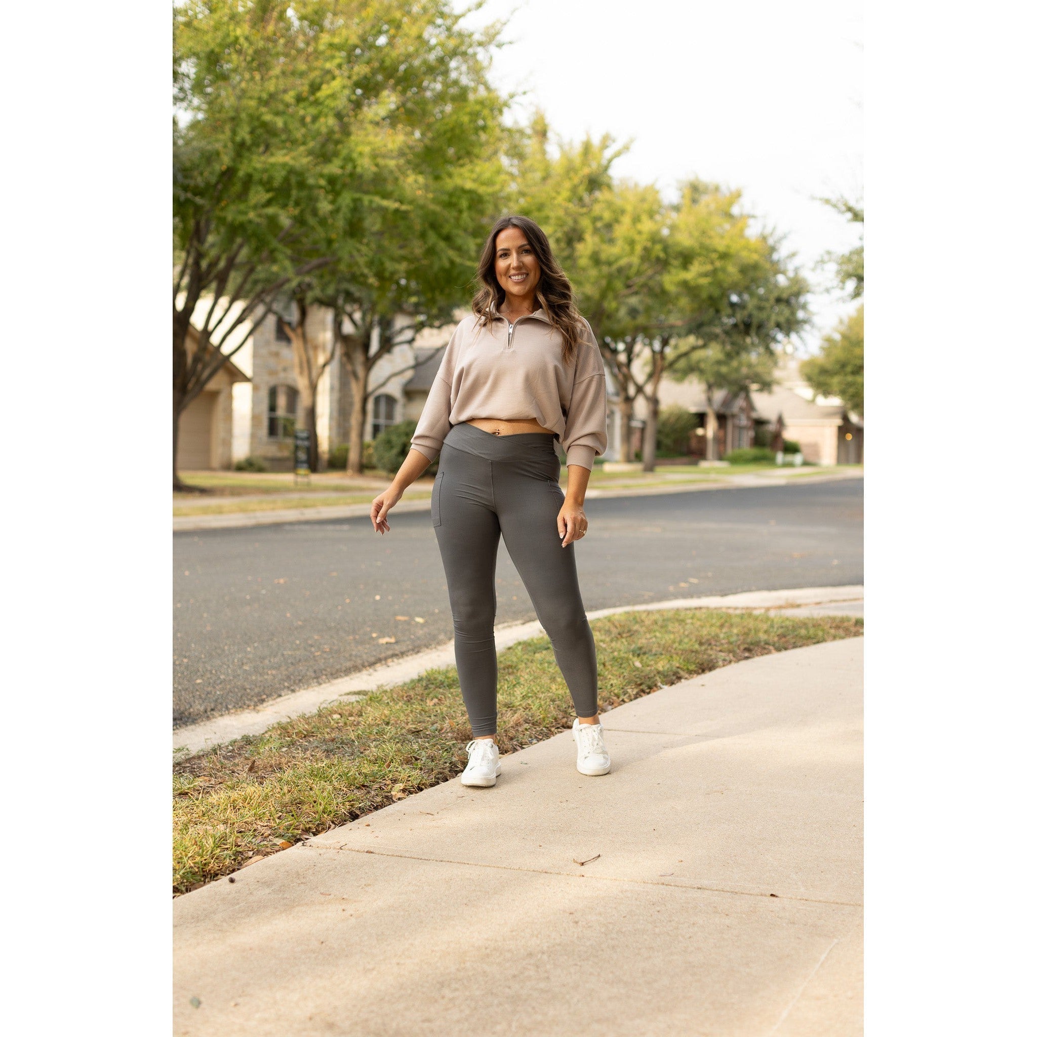 Ready to Ship | The Caitlin - CHARCOAL Crossover Full Length Leggings with Pockets