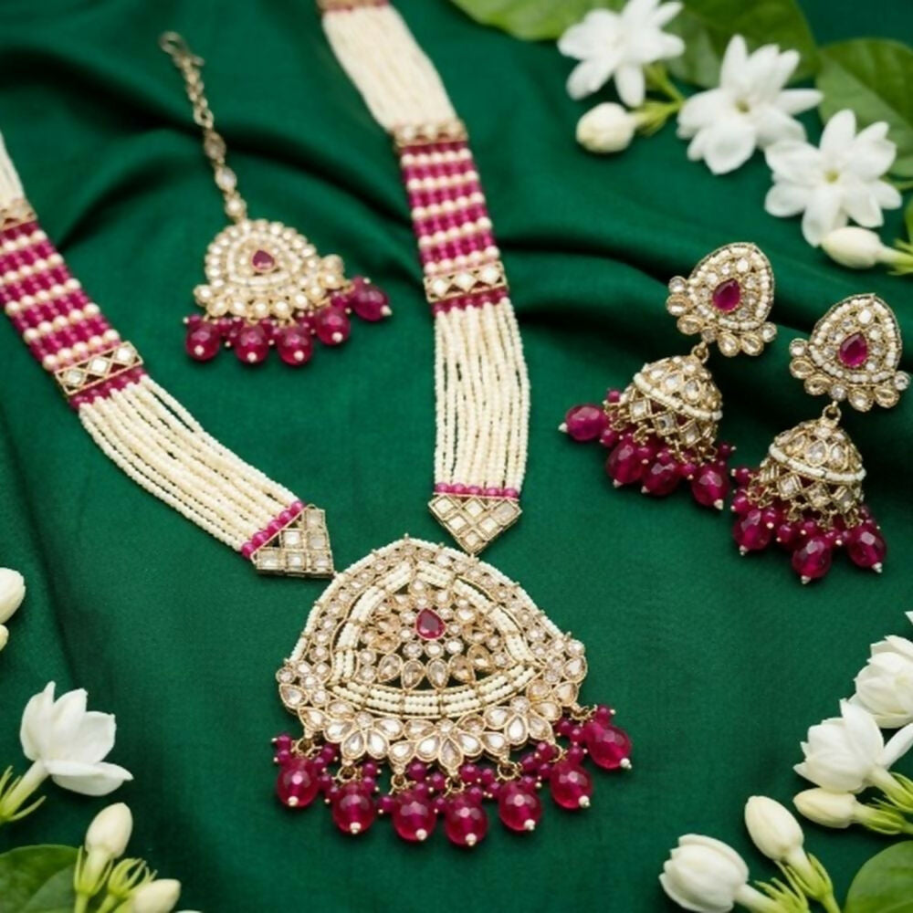 Jewel City Long Pearl Mala Golden Rainbow Diamond Studded Jumkee Tikka Necklace Set
