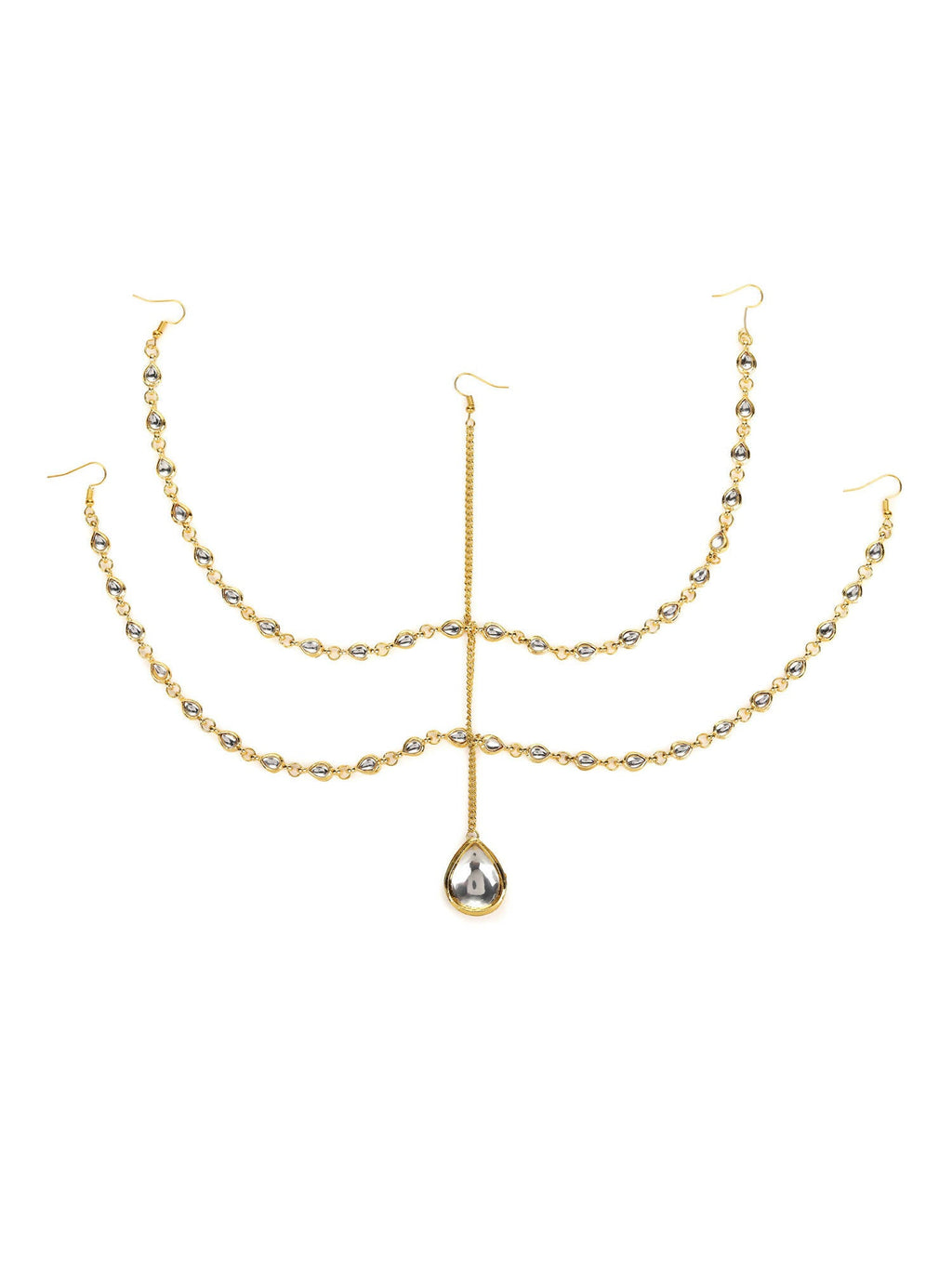 Gold-Polished White Faux Kundan-Studded Faux Pearl Beaded Handcrafted Matha Patti - Ruby Raang