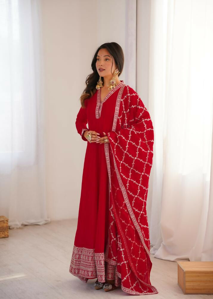 Lehenga Mart Designer Anarkali Suit With Kurta, Dupatta For Women-Red