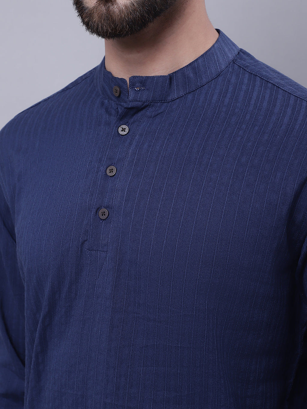 Even Apparels Blue Pure Cotton Short Kurta With Band Collar
