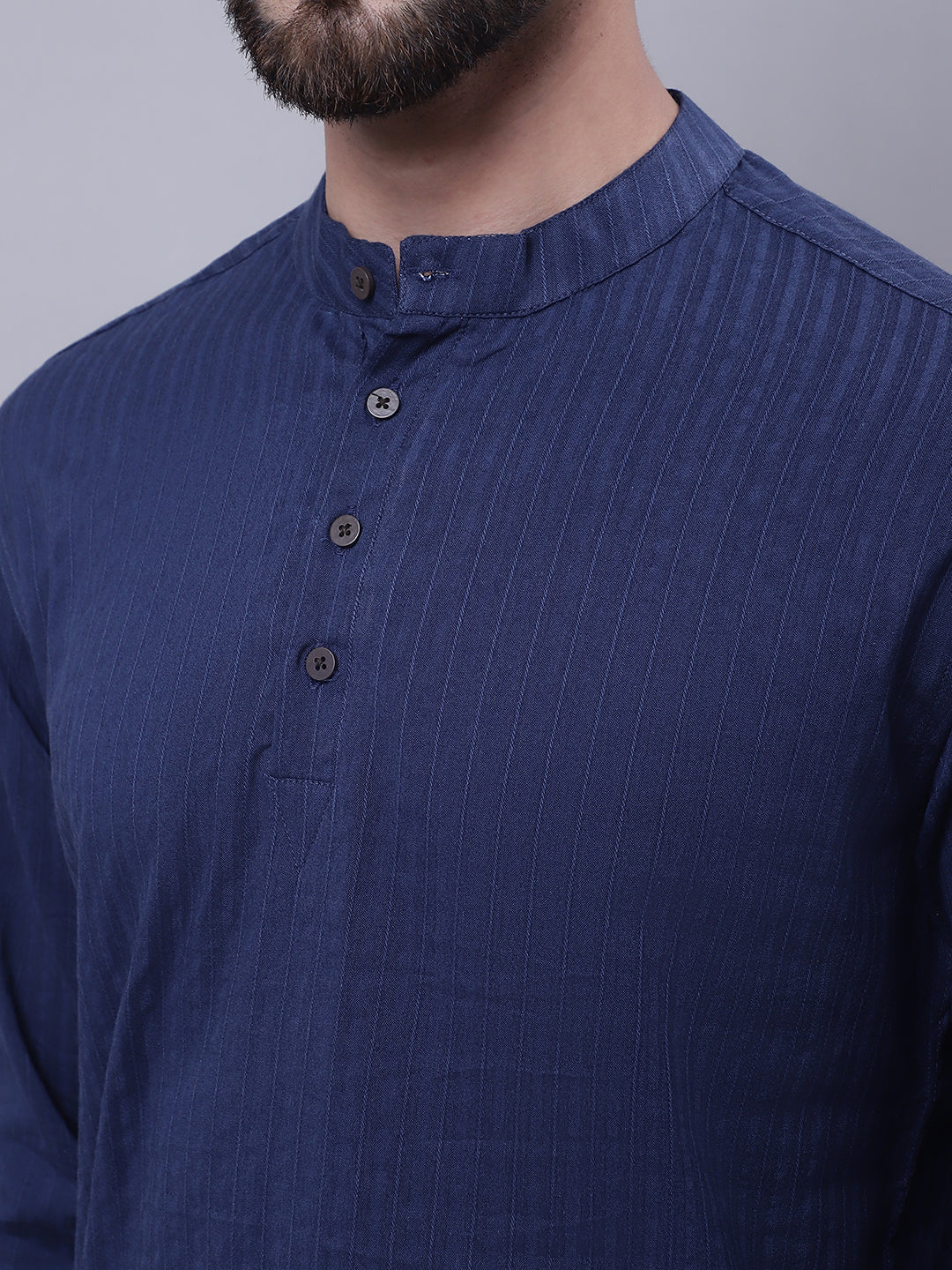 Even Apparels Blue Pure Cotton Short Kurta With Band Collar