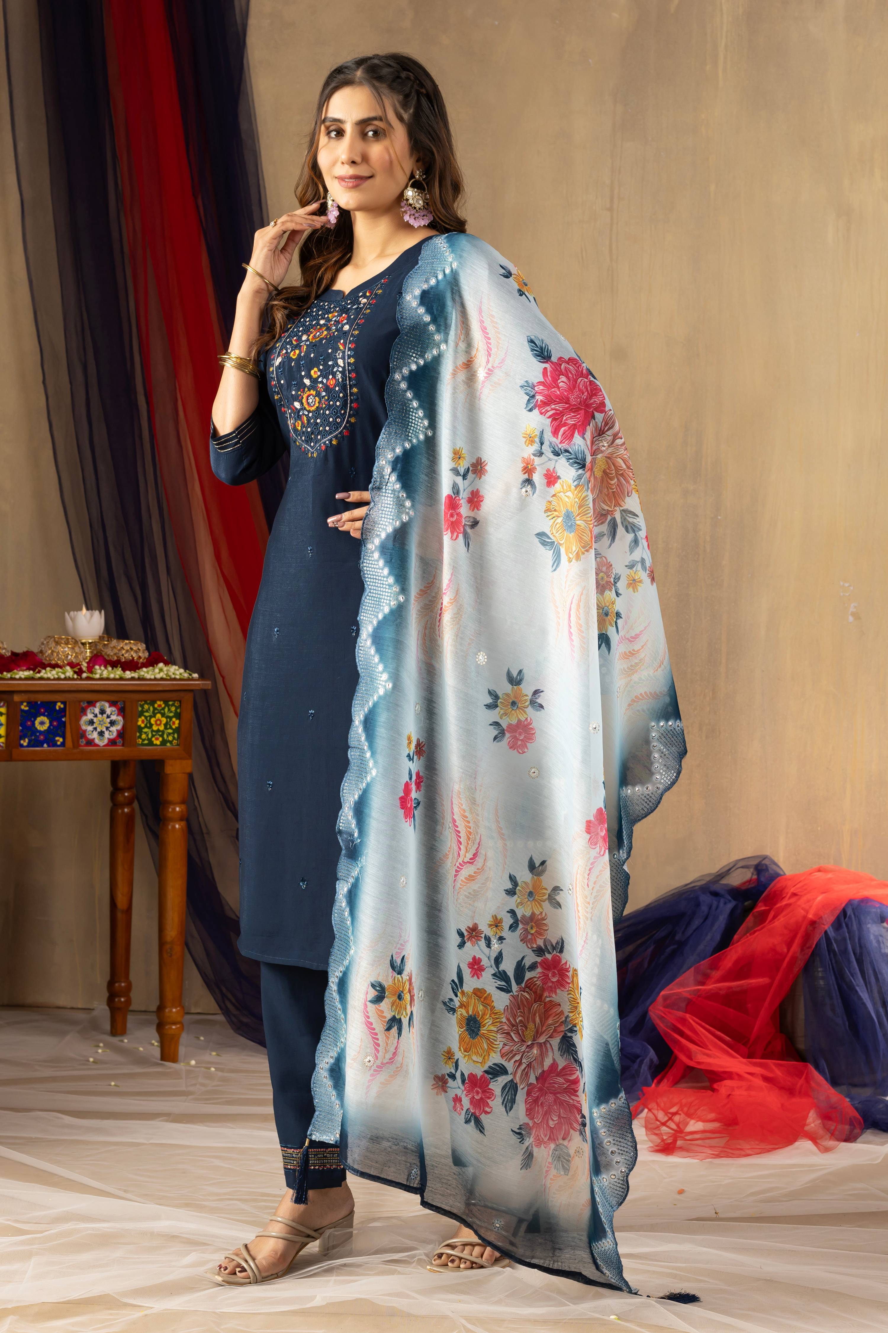 Pramukh Fab Teal Color Viscose Mango Silk Kurta Set