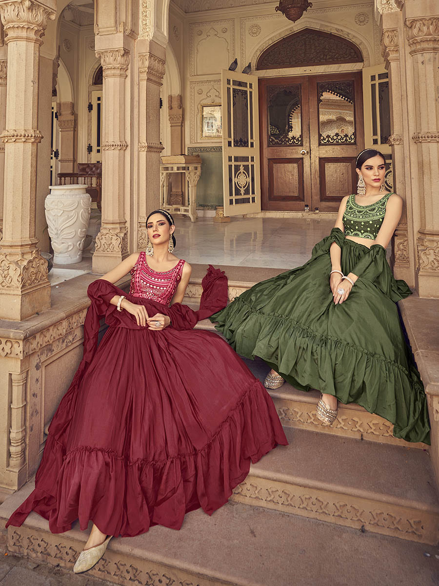 Myra Maroon Chinon & Art SIlk Embroidered Designer Lehenga Choli