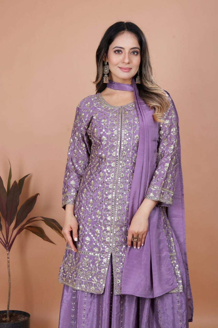 Joban Fashion Purple Silk Embroidered Sharara Set
