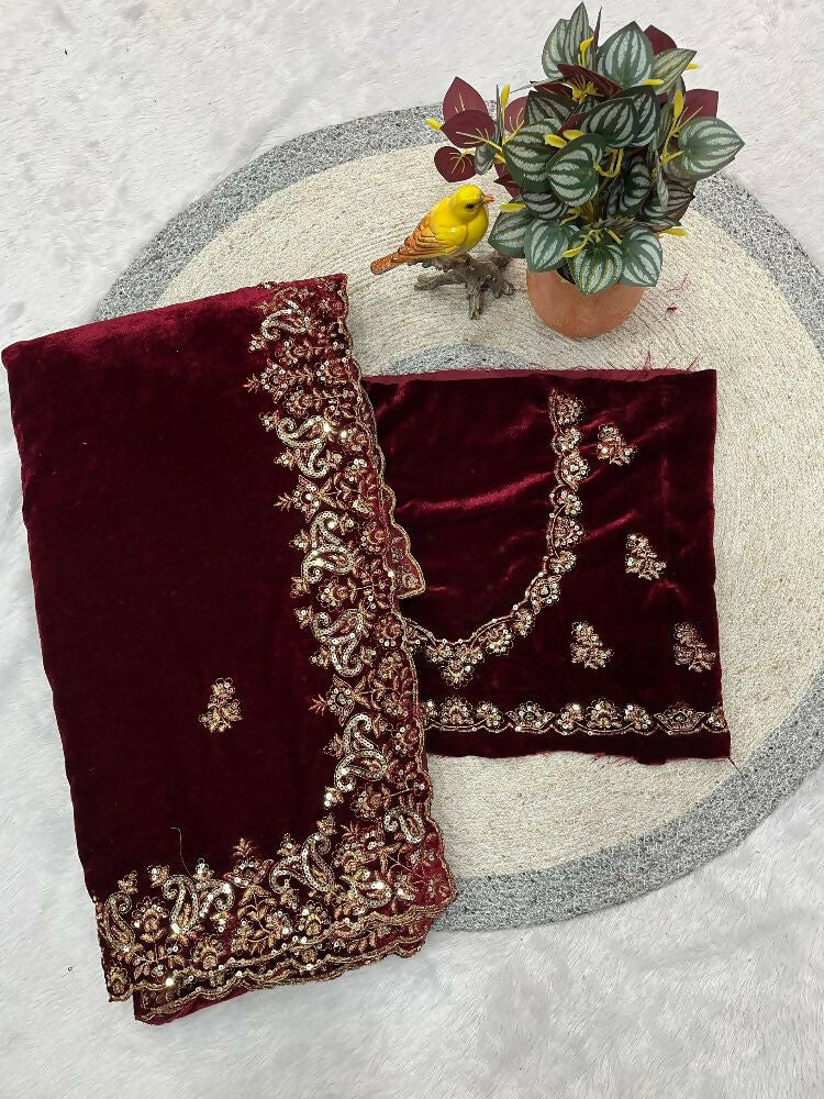 Joban Fashion Maroon 9000 Velvet Party Wear Sarees
