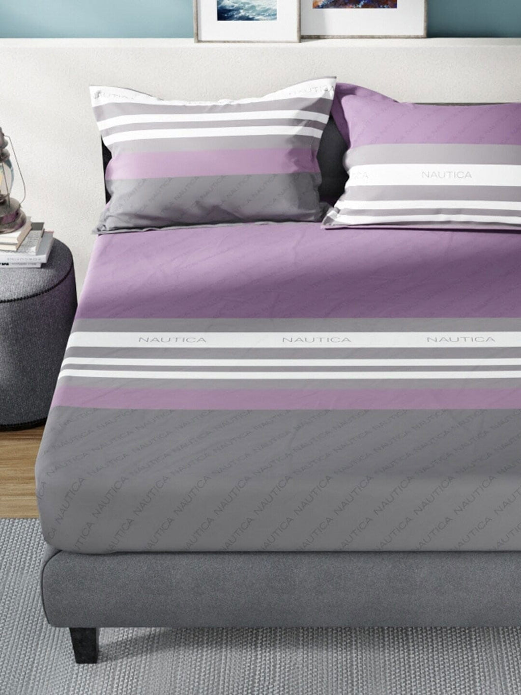 Nautica Bradford Purple & Grey Striped 160 TC Pure Cotton King Bedsheet & 2 Pillow Covers
