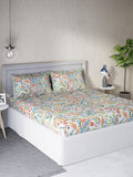 DDecor White & Turquoise Blue Motifs 140 TC Cotton Queen Bedsheet with 2 Pillow Covers