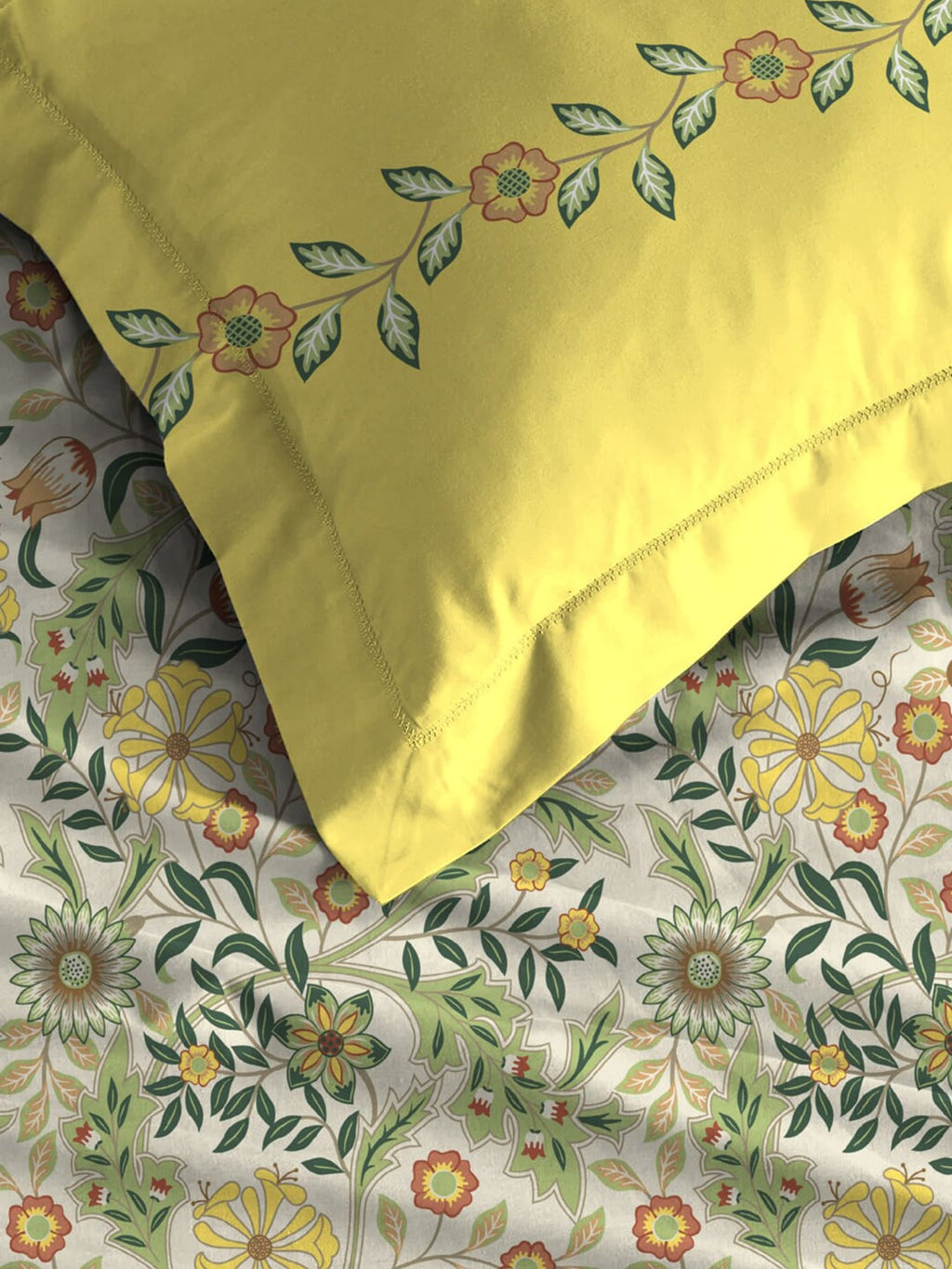 MYTRIDENT Beige White Floral Pure Cotton 144 TC Queen Bedsheet With 2 Pillow Covers