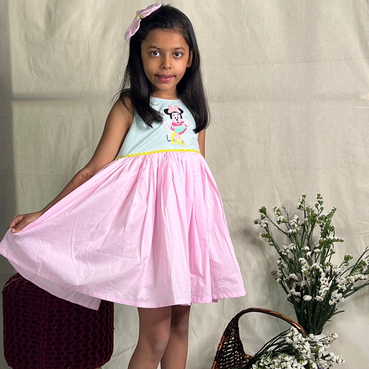 ArthLife Pink And Cyan Minne Embroidered Dress