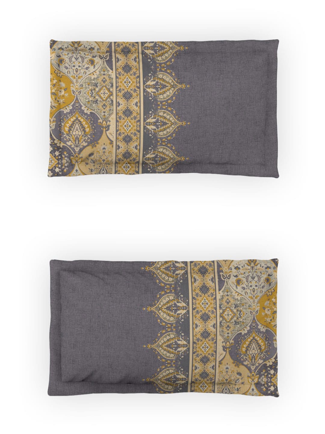 DDecor Grey & Yellow Ethnic Motifs Cotton 140 TC King Bedsheet With 2 Pillow Covers
