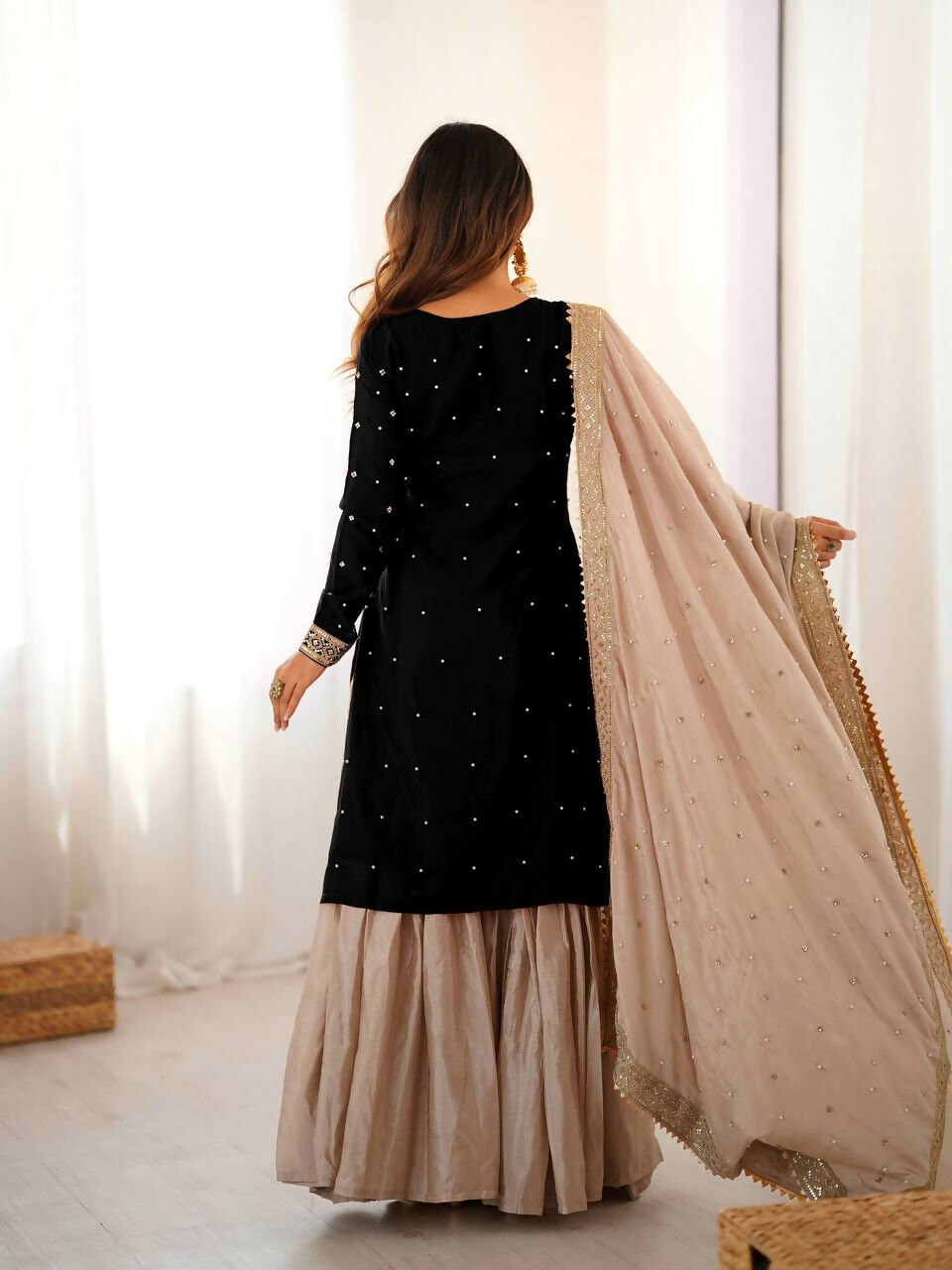 Lehenga Mart Designer Sharara Suit With Kurta, Sharara, Dupatta For Women-Black