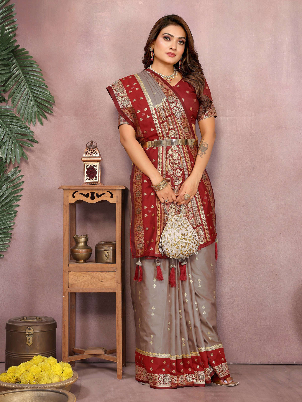 Aastha Fashion Grey Kalamkari Silk Zari Woven Saree