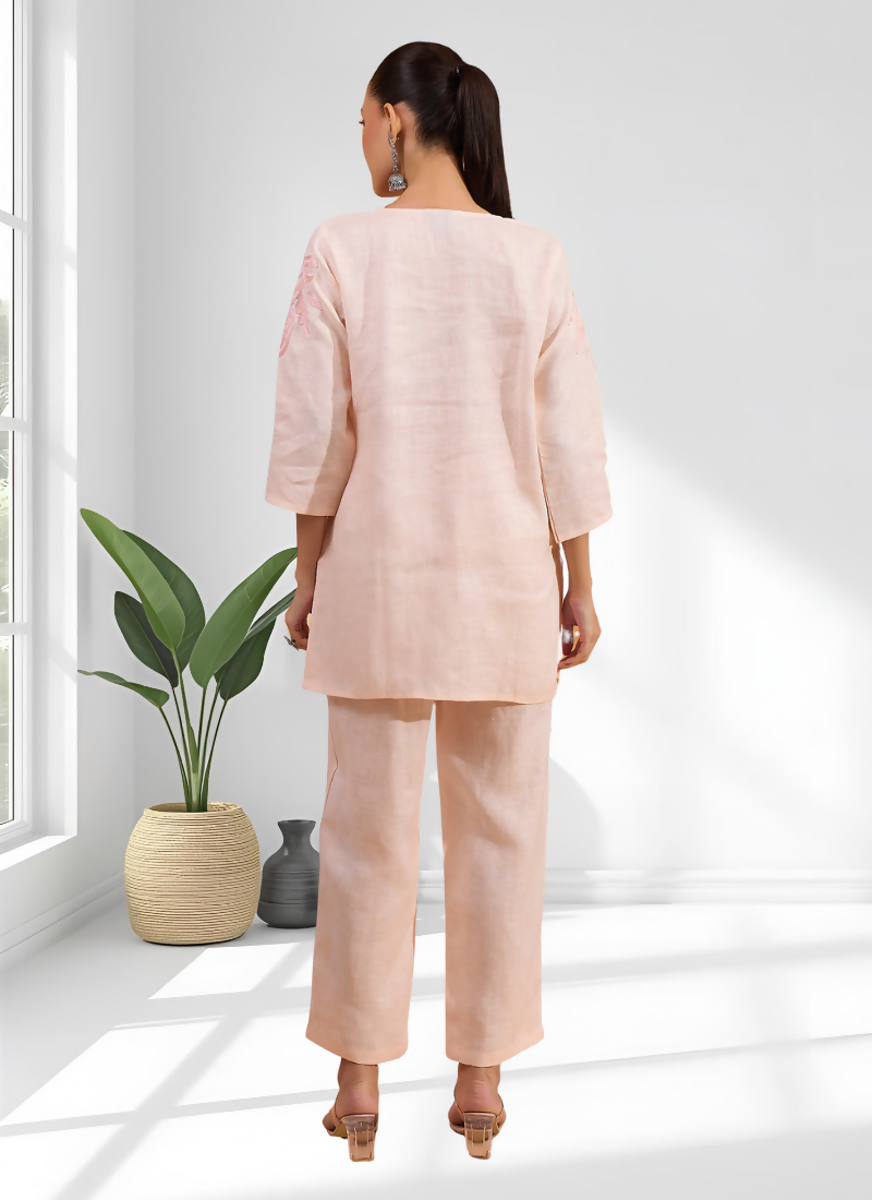 Joban Fashion Pink Linen Embroidered Readymade Cord Set