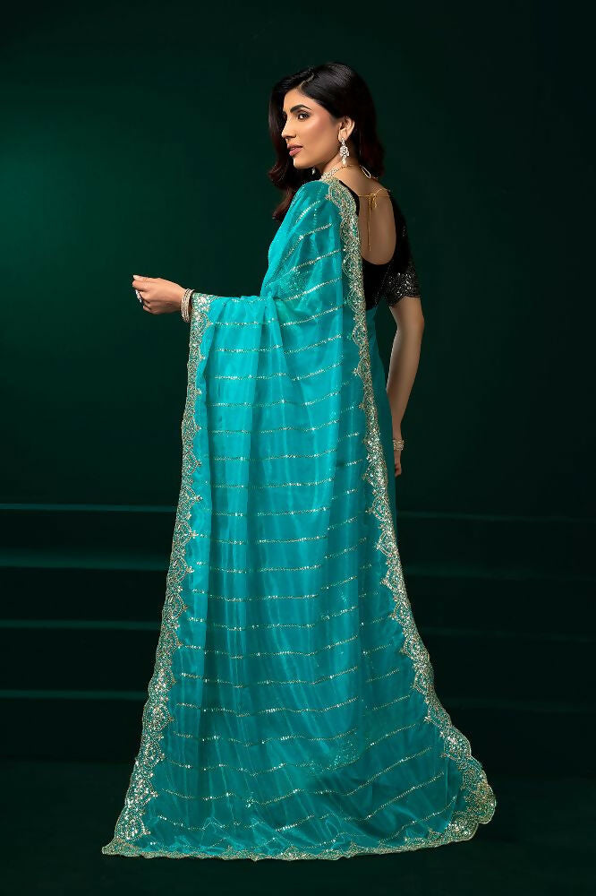 Joban Fashion Turquoise Blue Net Party Wear Sarees