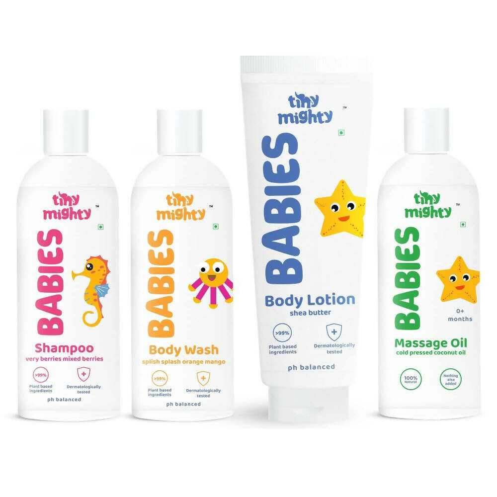 Tiny Mighty Baby Body Wash, Lotion, Shampoo And Massage Oil Combo