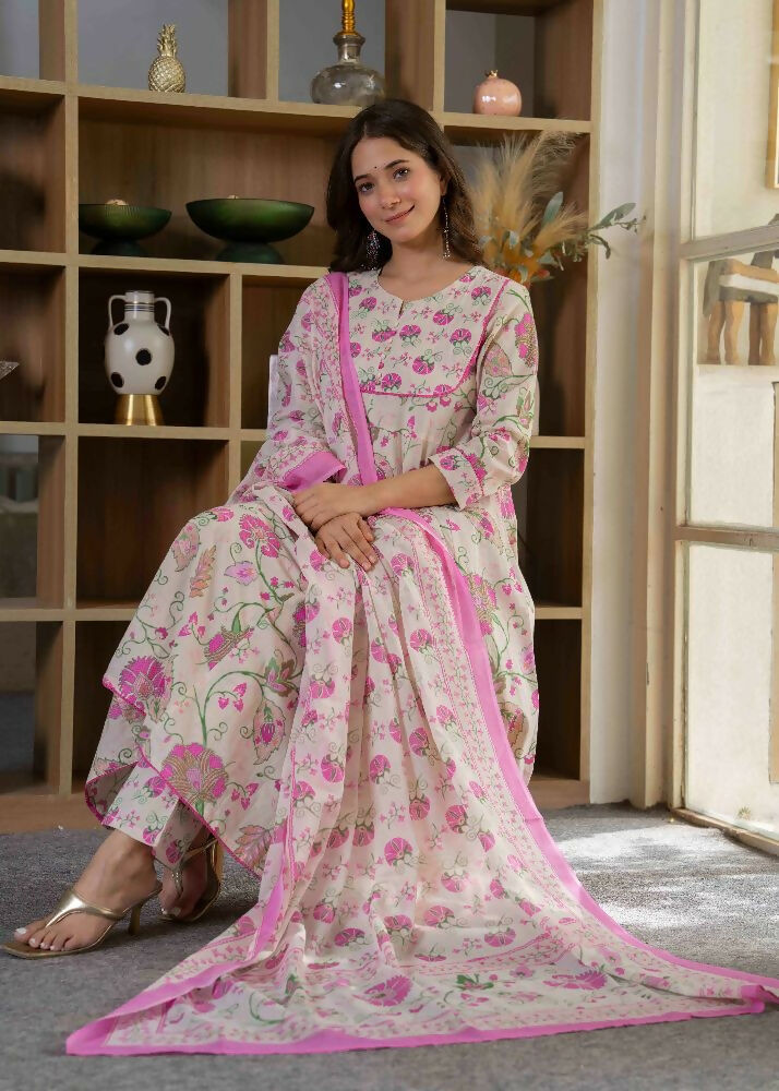 Jaimini Women Cotton Printed Round Neck 3/4 Sleeves Calf Length Flared Kurta Pant And Dupatta Set