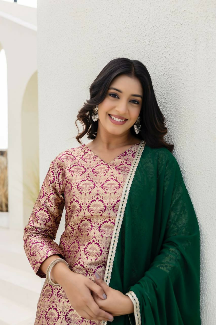 Teeya Creation Peach Viscose Jacquard Party Wear Designer Suit