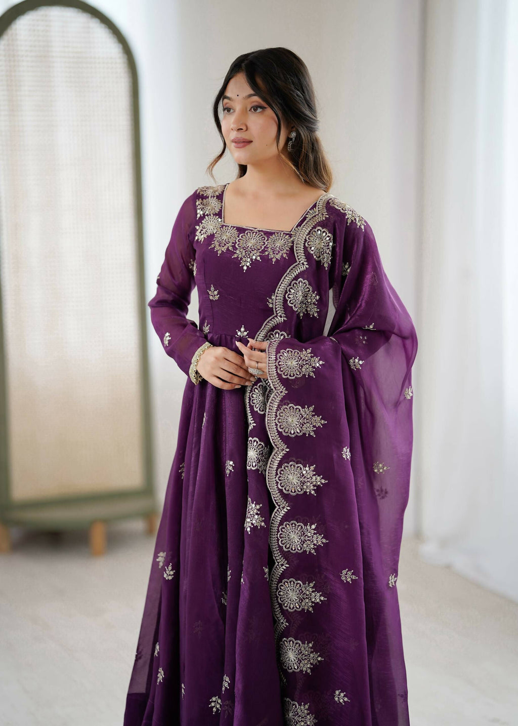 Teeya Creation Wine Color Crunchy Silk Embroidery Work Wedding Wear Gown