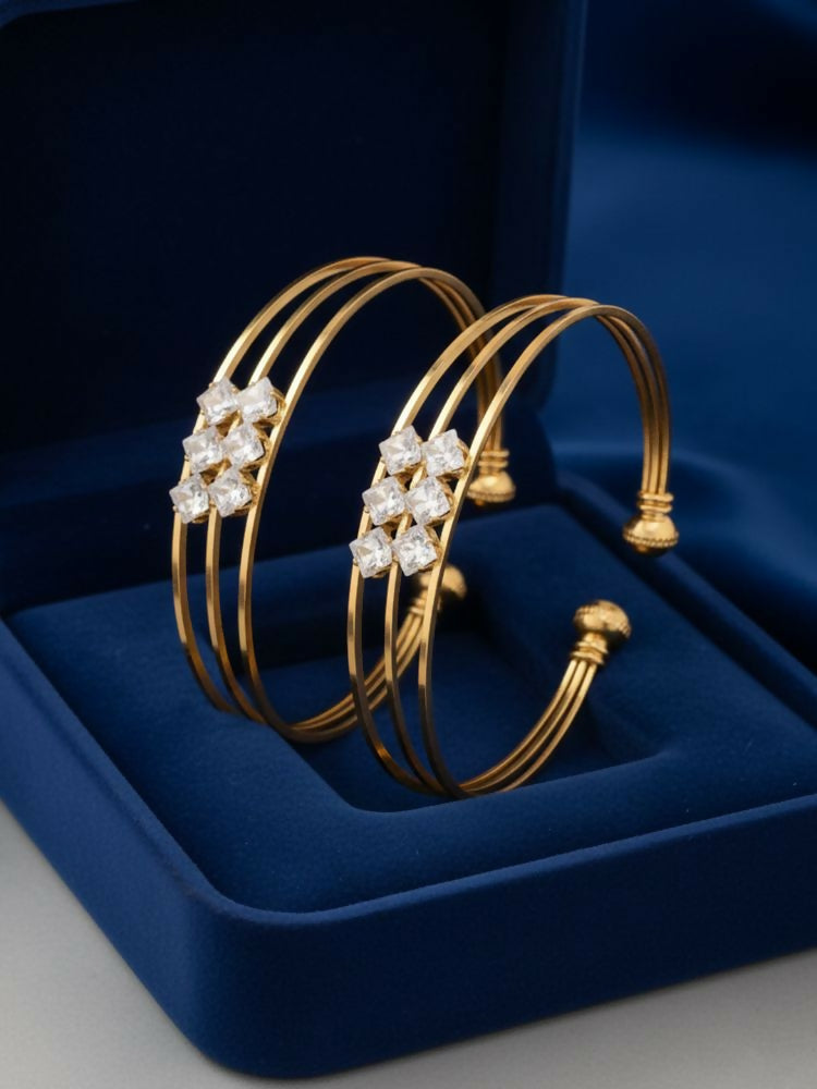 NVR Women Set of 2 Gold Plated CZ Stone Adjustable Bangle