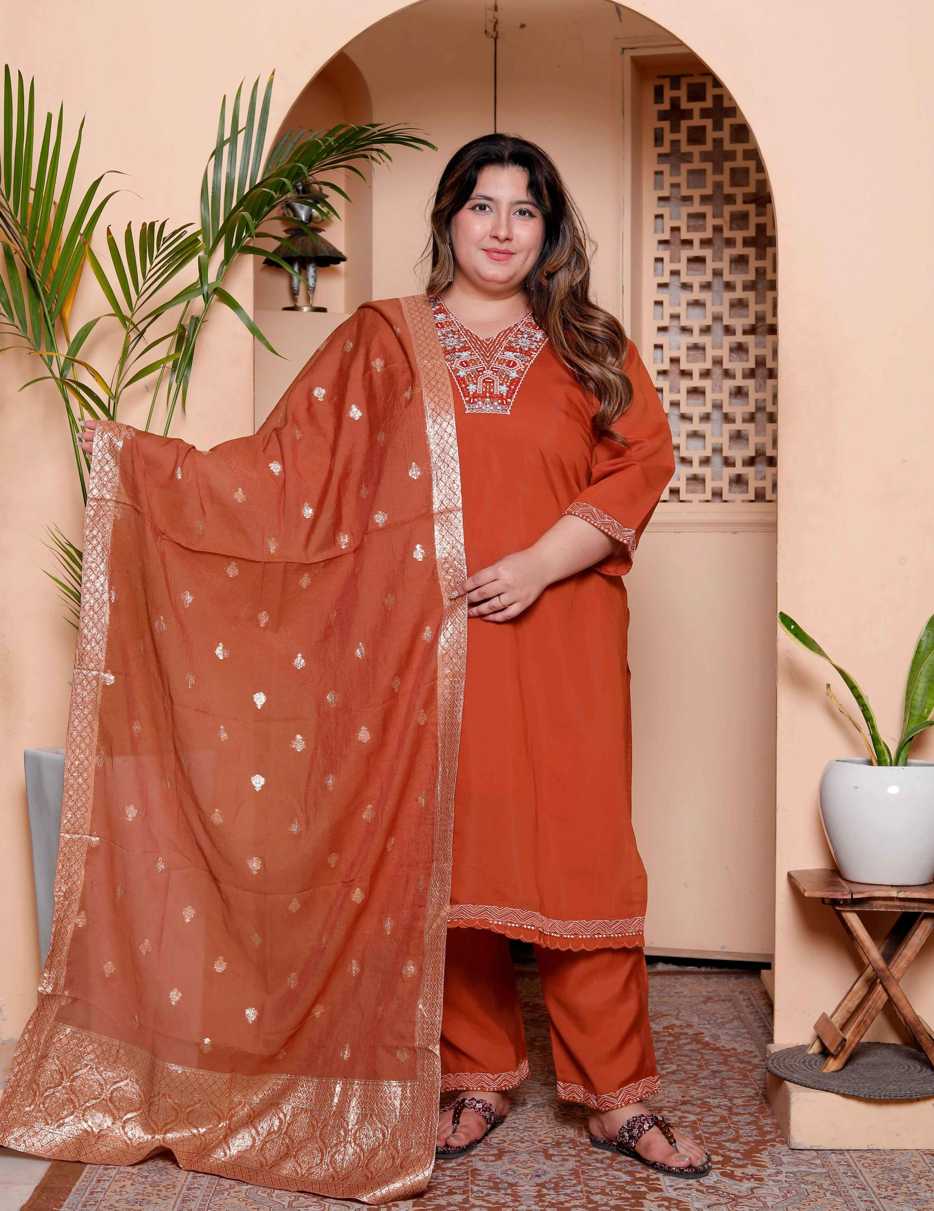 Miravan Women's Plus Size Orange Embroidered Straight Kurta with Palazzo and Dupatta set