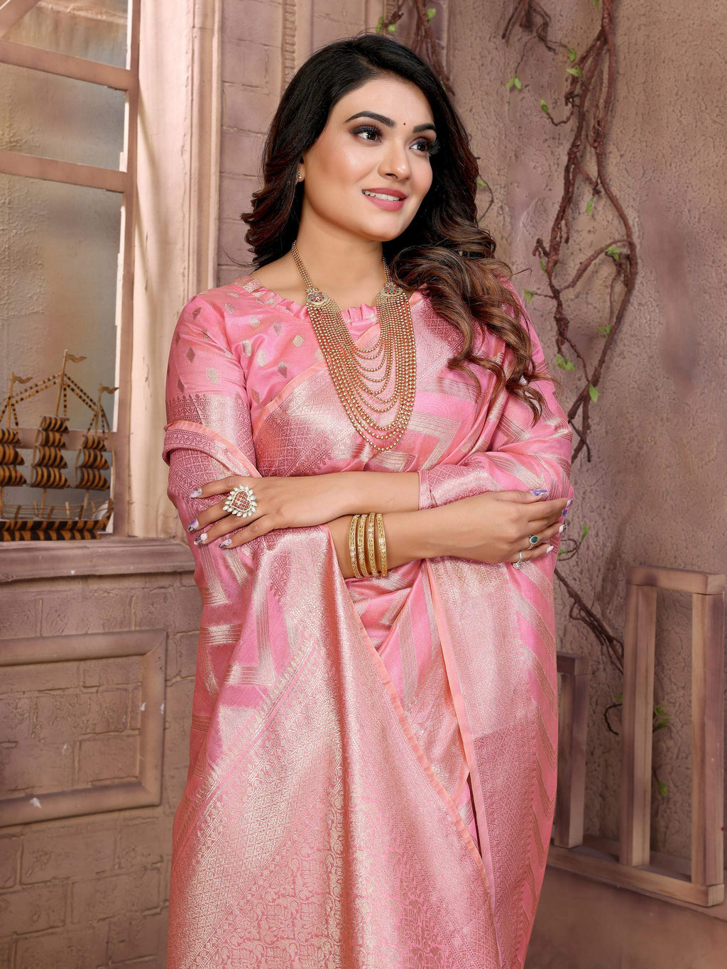 Aastha Fashion Pink Soft Organza Silk Weaving Saree