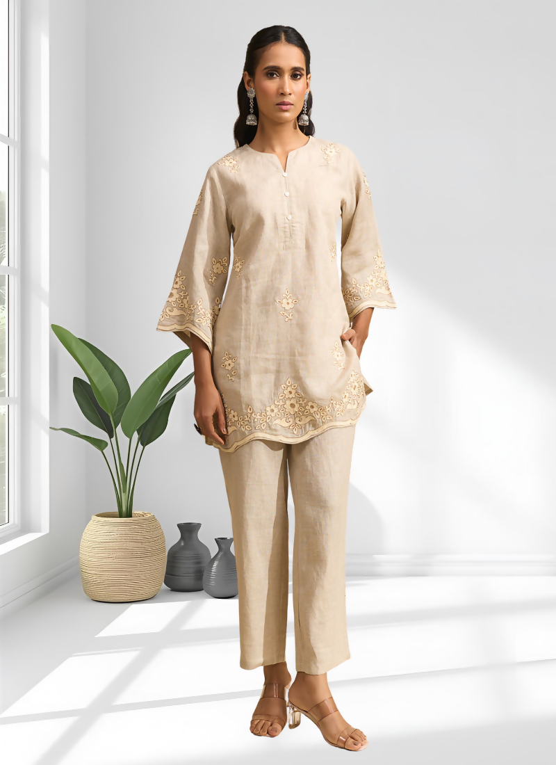 Joban Fashion Beige Linen Embroidered Readymade Cord Set
