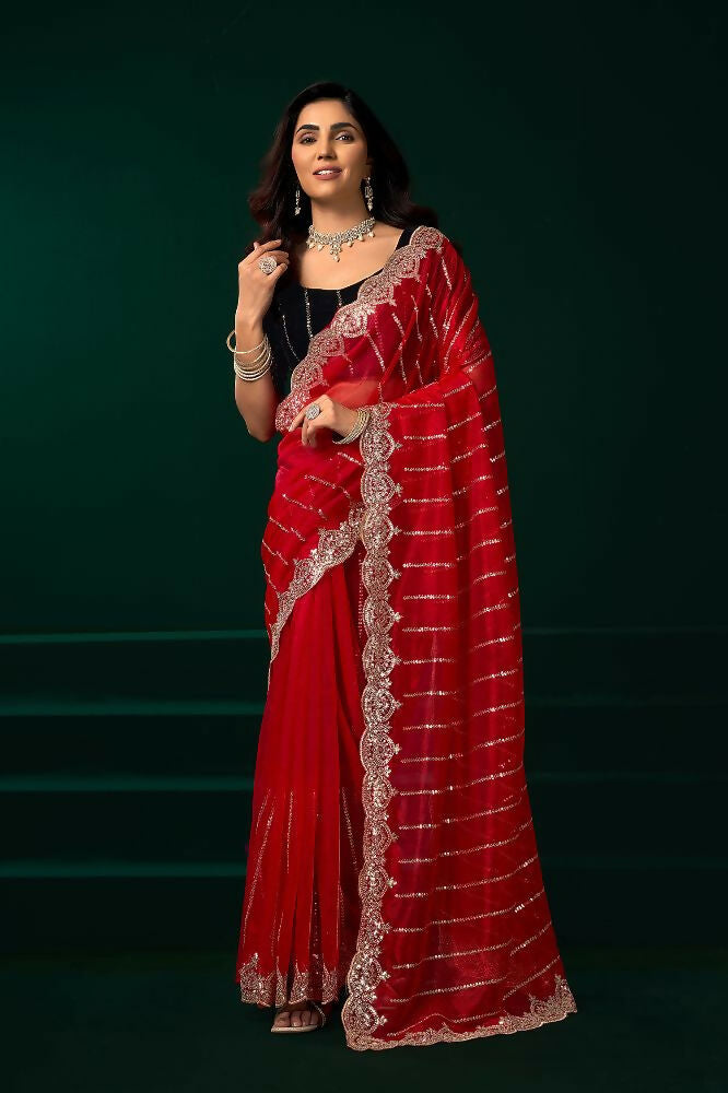 Joban Fashion Red Net Party Wear Sarees