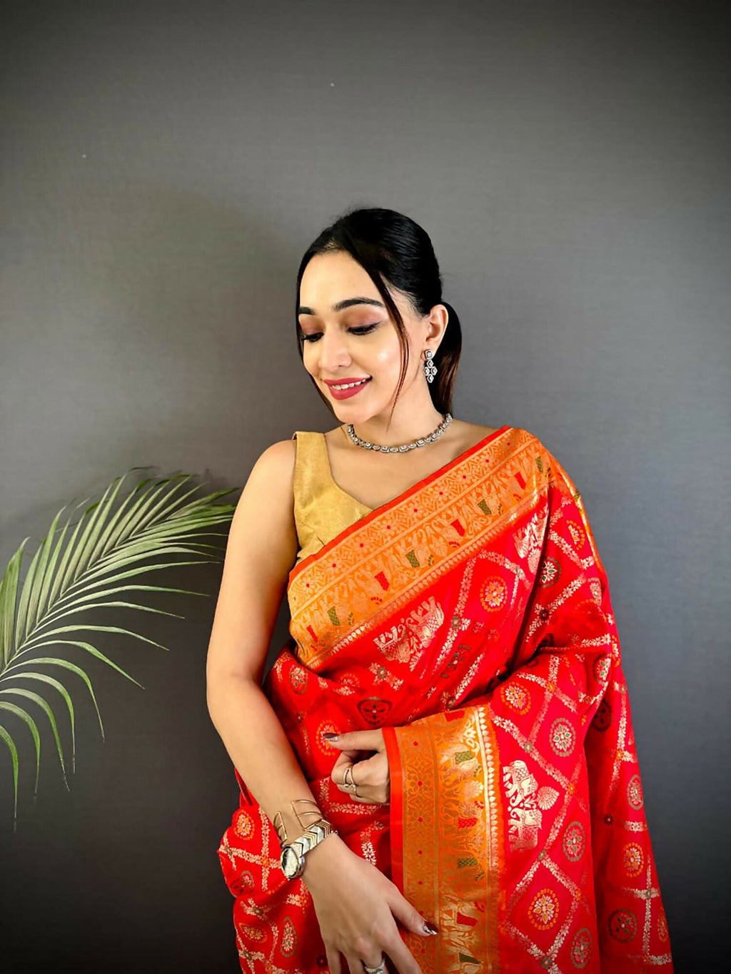 Joban Fashion Red Butti Motifs Soft Silk Patola Saree
