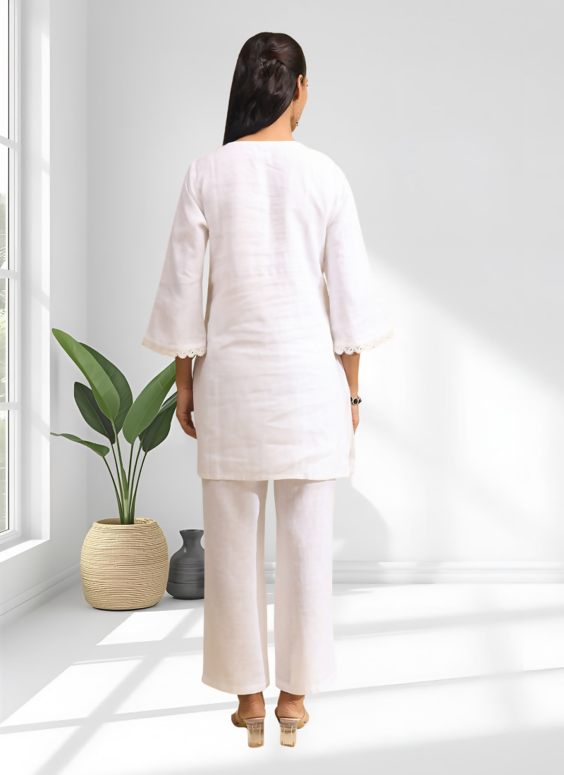 Joban Fashion Off White Linen Embroidered Readymade Cord Set