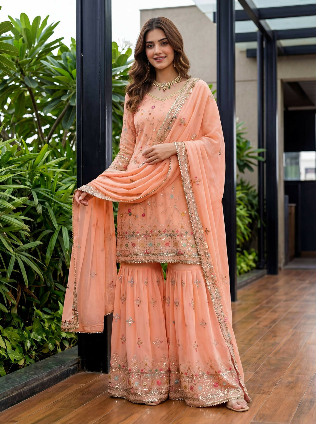 Joban Fashion Orange Georgette Embroidered Sharara Set