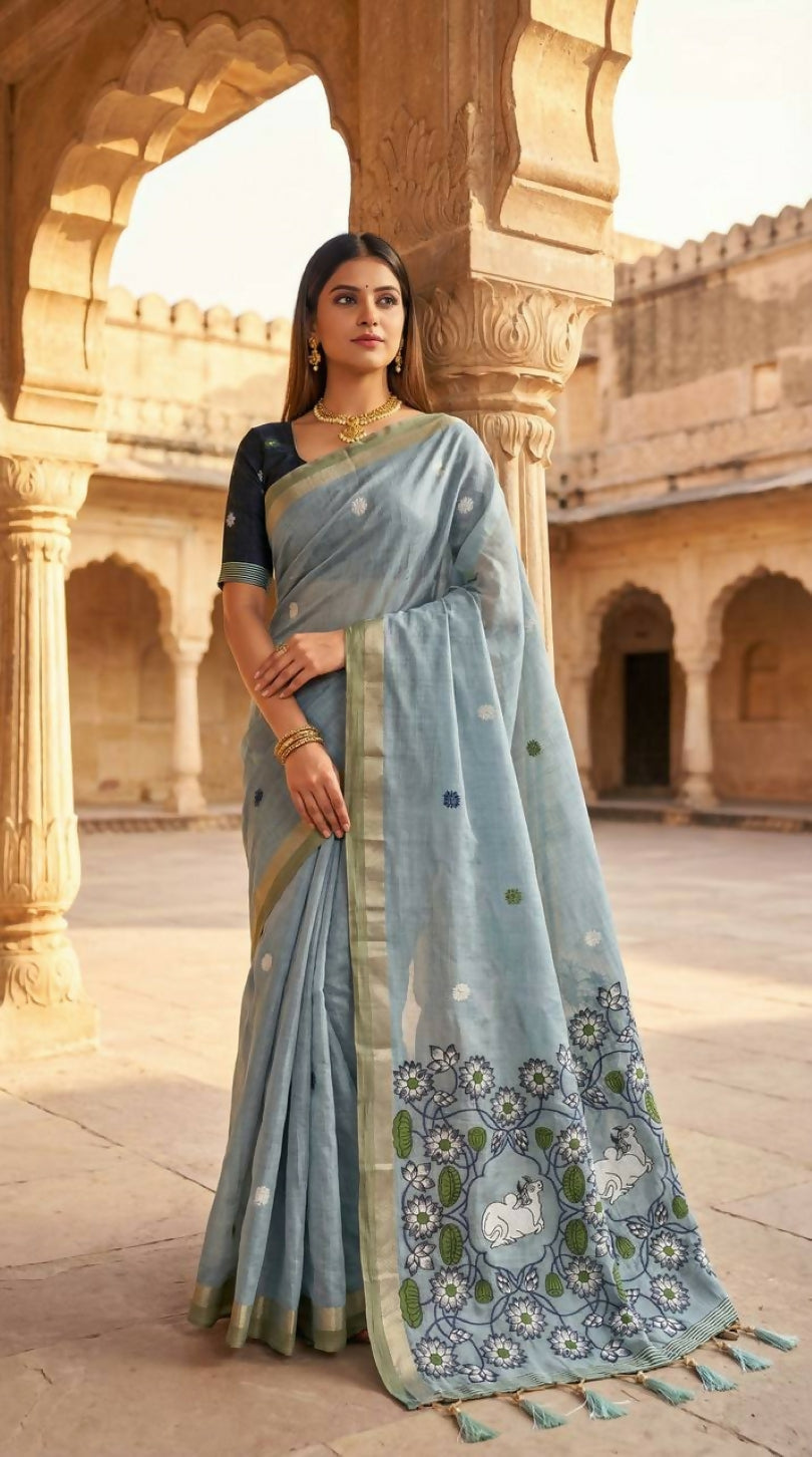 Vastranavya Sky Blue Muga Cotton Meenakari & Azarakh Pallu Saree with Contrast Blouse