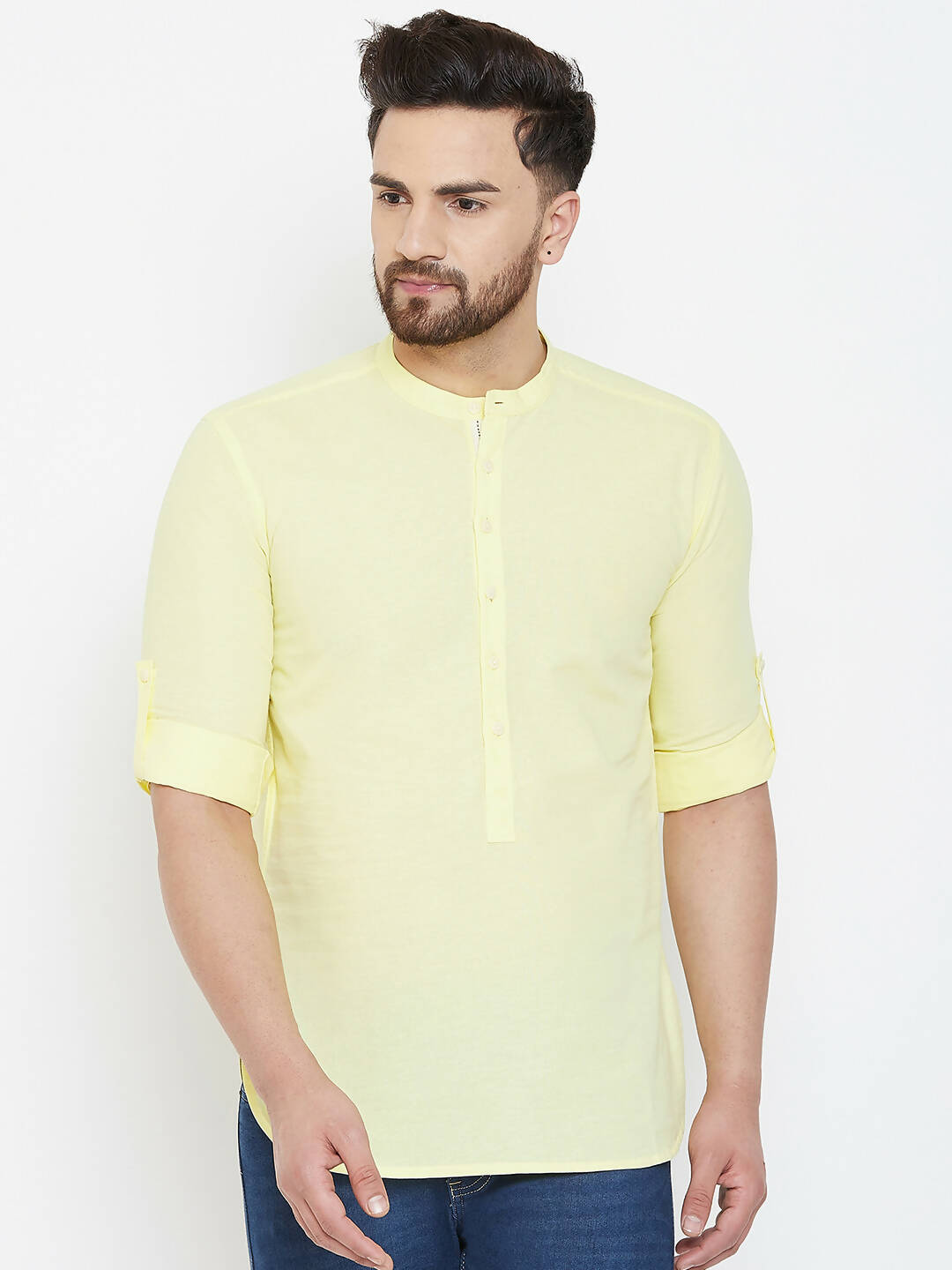 Even Apparels Yellow Color Band Collar Pure Cotton Men's Kurta