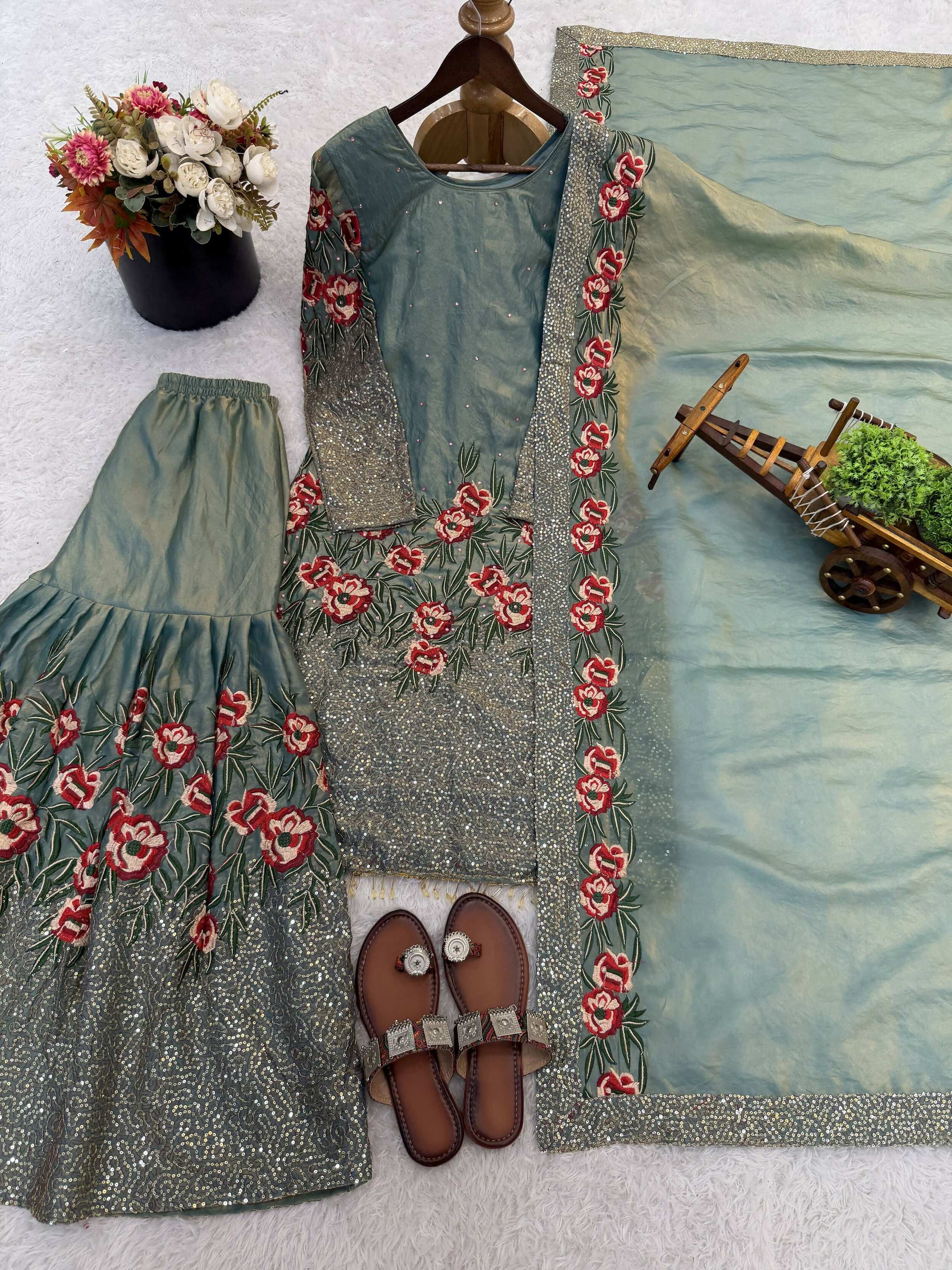 Teeya Creation Teal Fendy Silk Heavy Embroidery Work Party Wear Sharara Suit