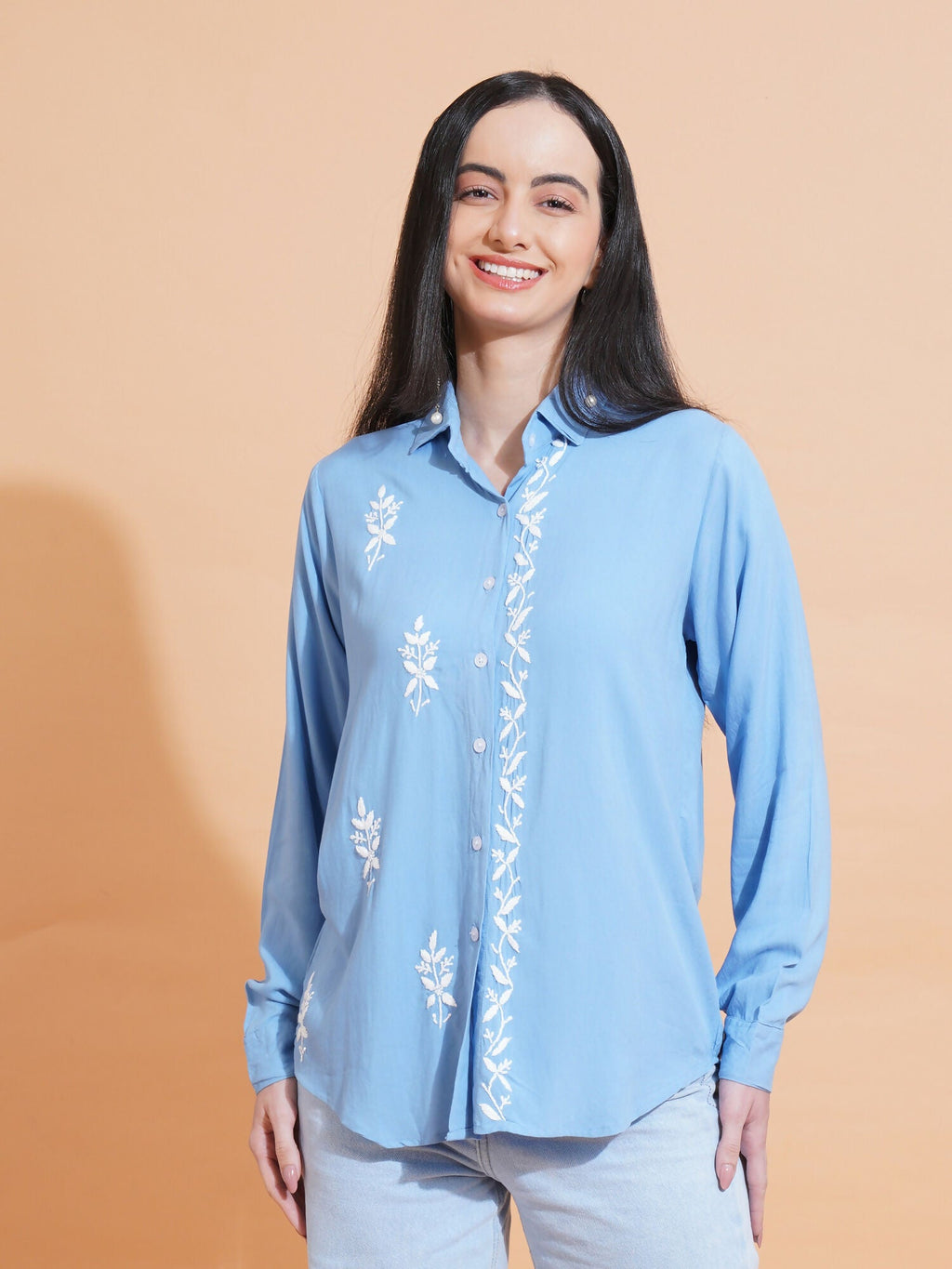 Pahnaz Modal Chikankari Handwork Shirt-Blue