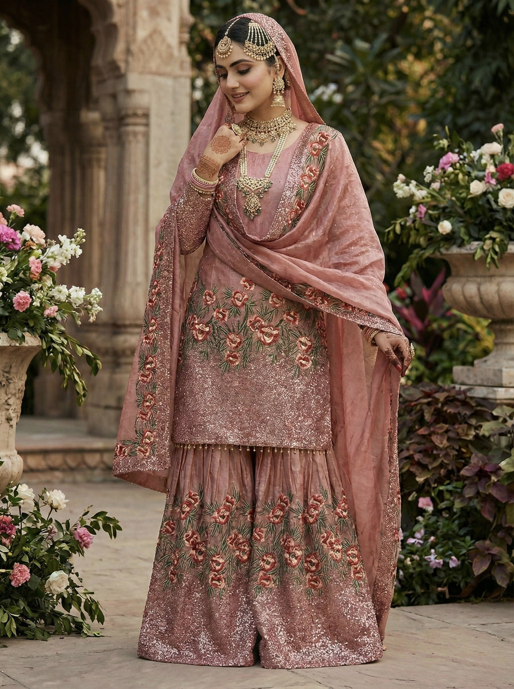 Teeya Creation Peach Fendy Silk Heavy Embroidery Work Party Wear Sharara Suit