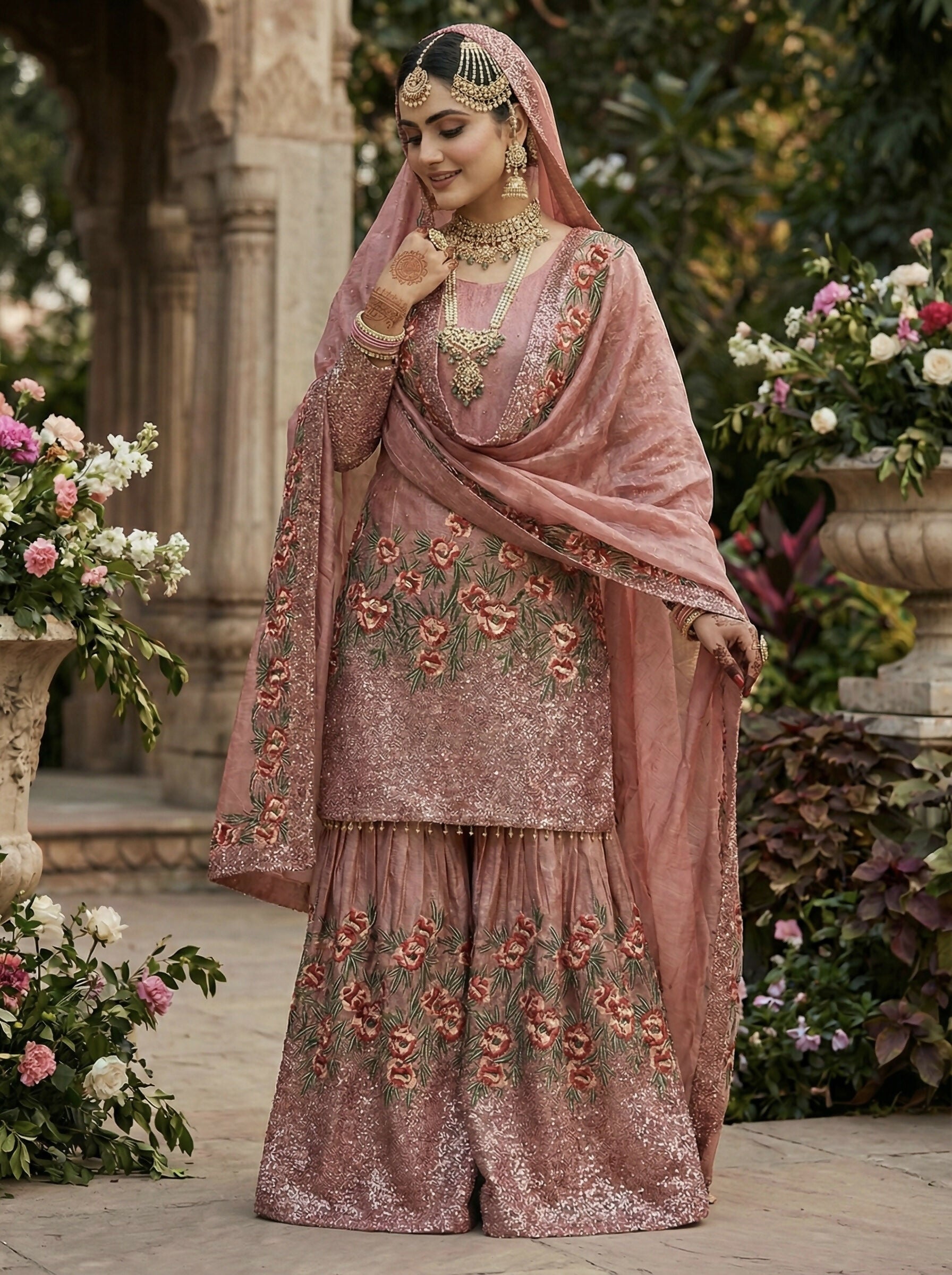 Teeya Creation Peach Fendy Silk Heavy Embroidery Work Party Wear Sharara Suit