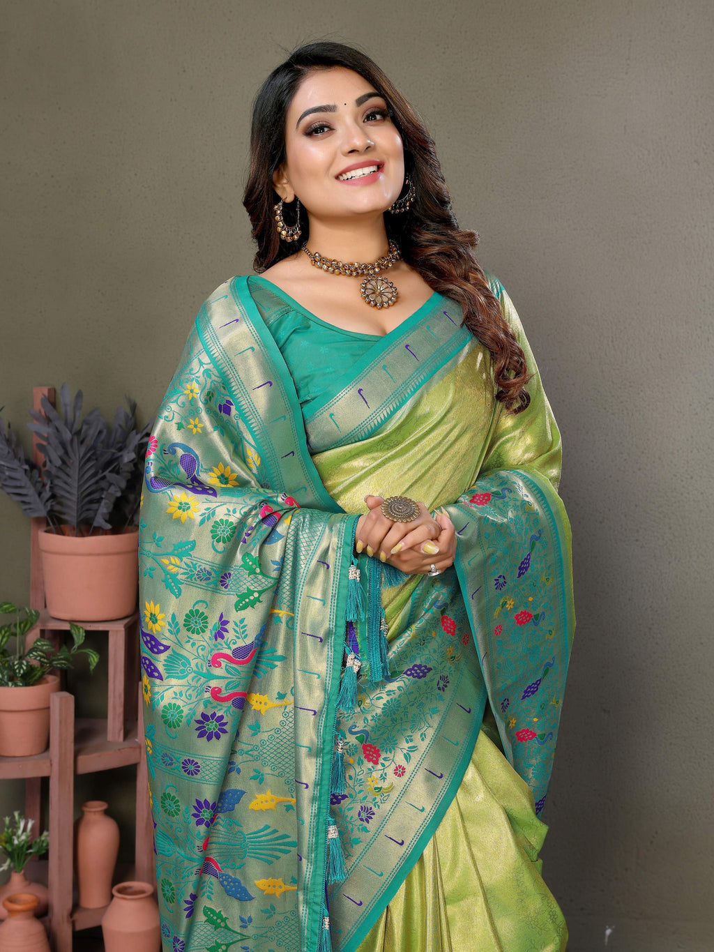 Aastha Fashion Pista Tissue Silk Paithani Woven Saree