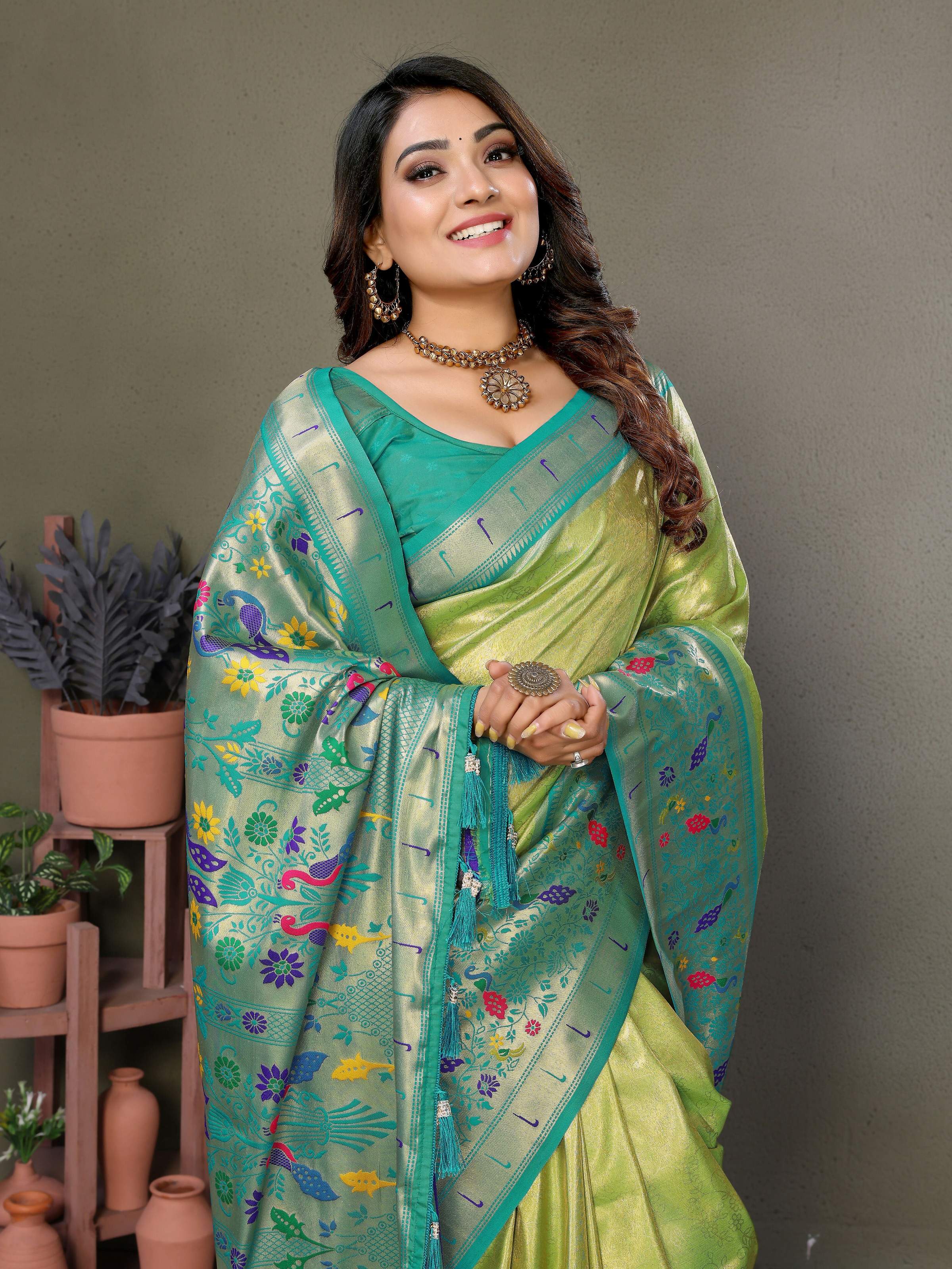 Aastha Fashion Pista Tissue Silk Paithani Woven Saree