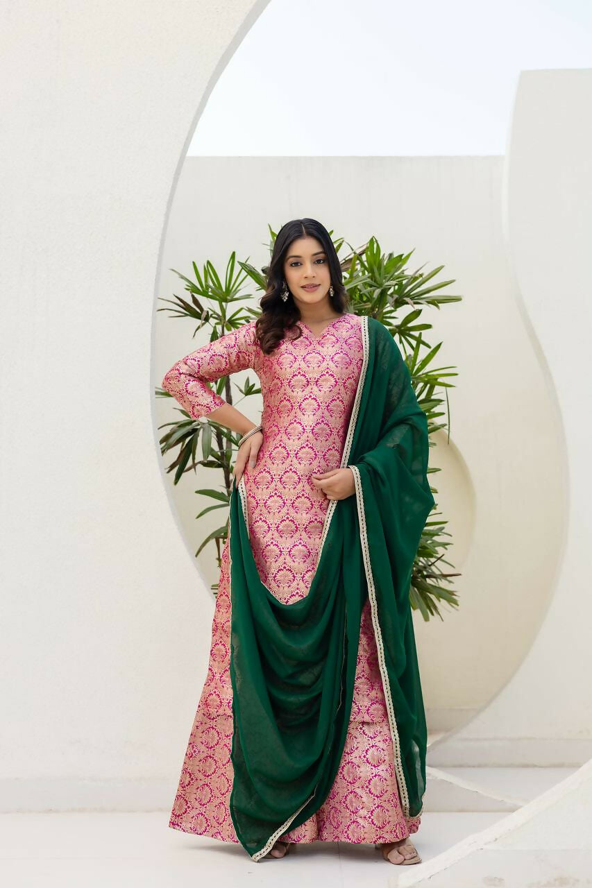 Joban Fashion Pink Jacquard Embroidered Sharara Set