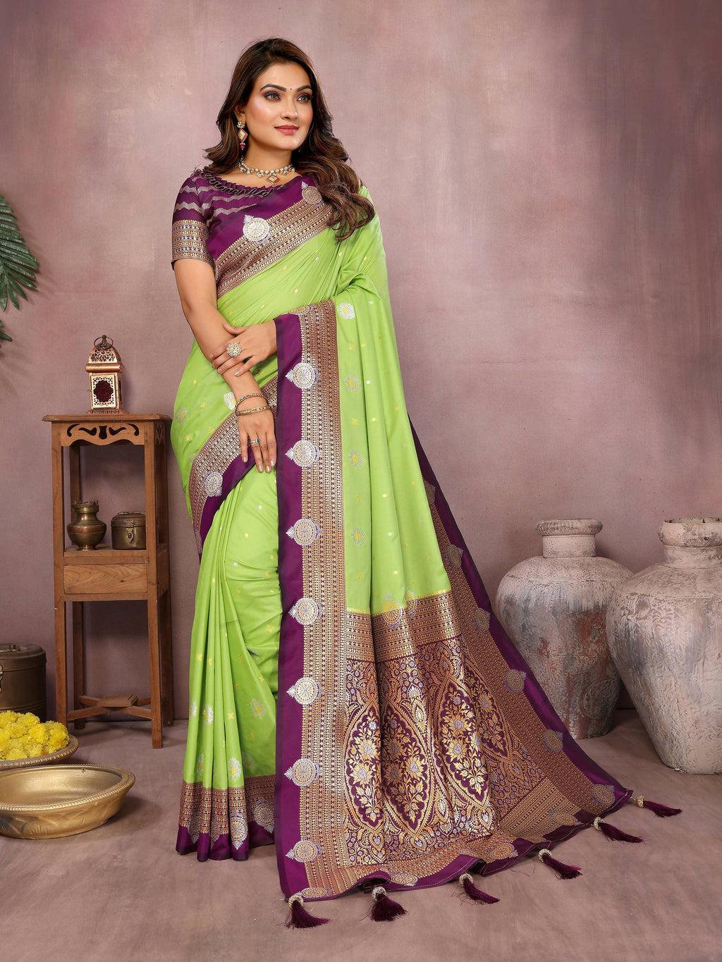 Aastha Fashion Parrot Green Silk Sarees Weaving Saree