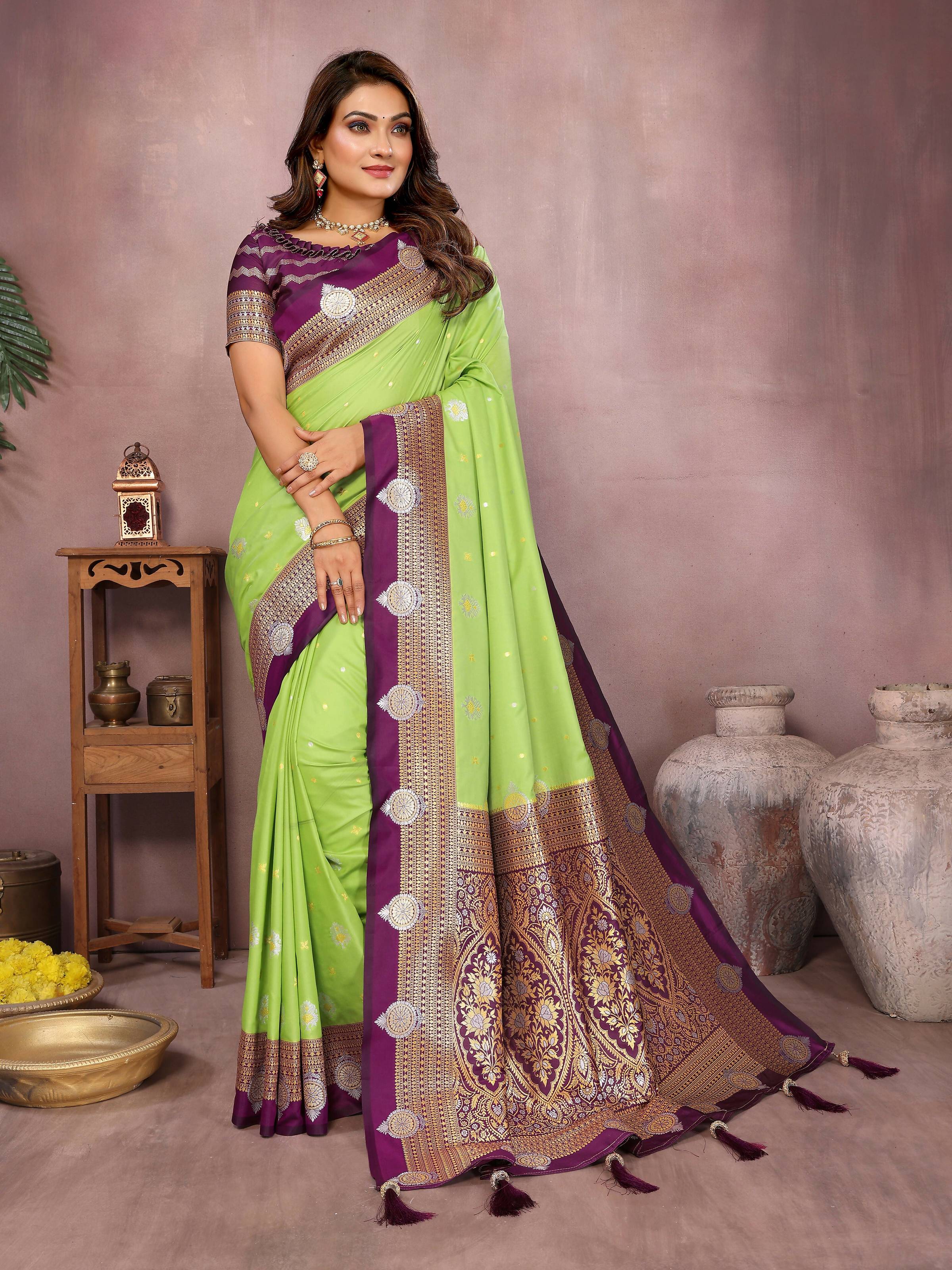 Aastha Fashion Parrot Green Silk Sarees Weaving Saree