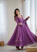 Teeya Creation Womens New Fancy Fox Georgette Heavy Quality Fabric With Handwork Lavender Gown Set