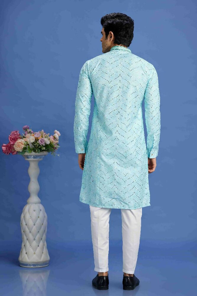 Raivat Ethnic Cotton Embroidery Kurta Pajama In Sky Blue Colour