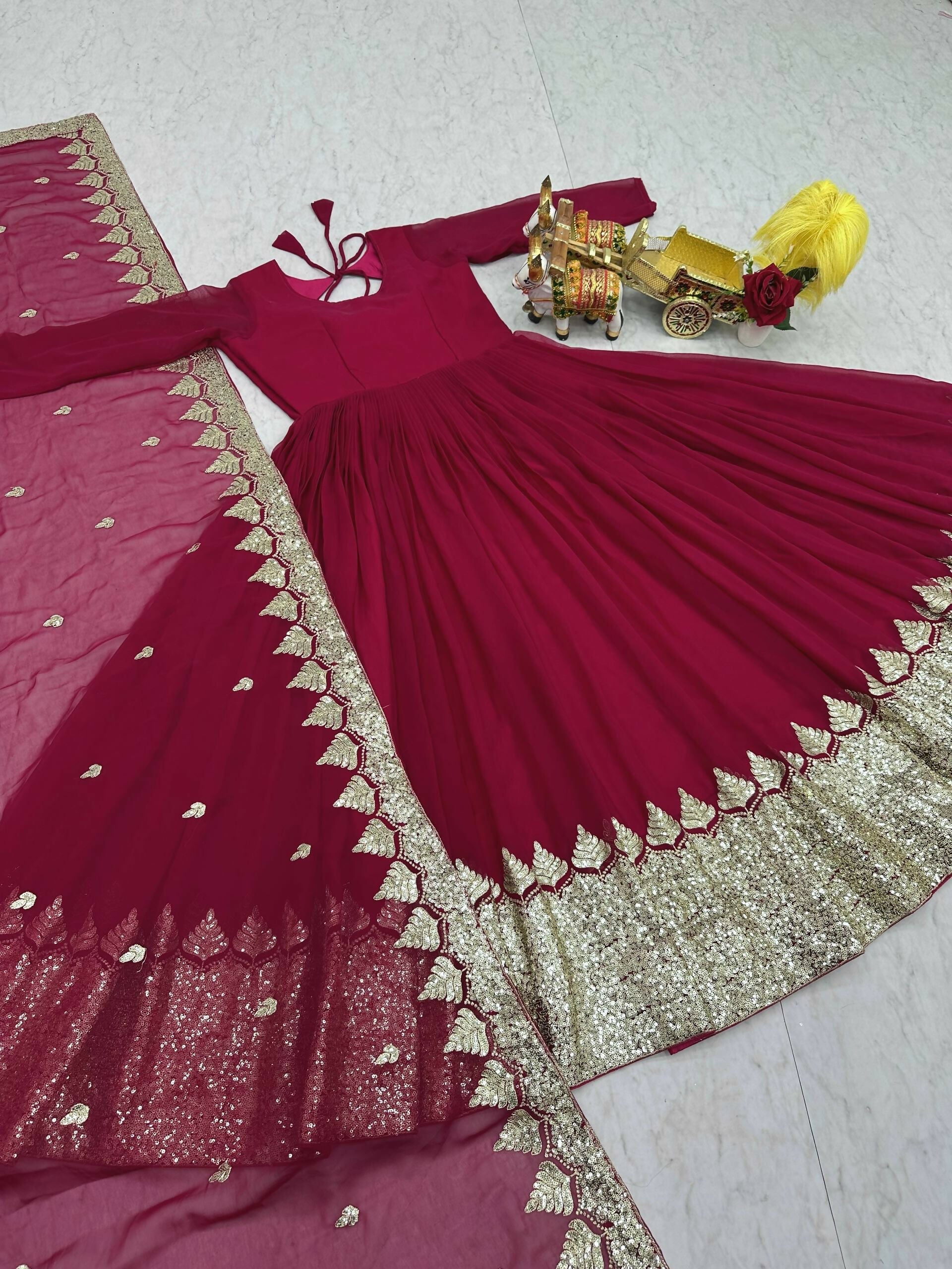 Teeya Creation Womens New Stylish Heavy Sequence Embroidery Work Pink Gown Set