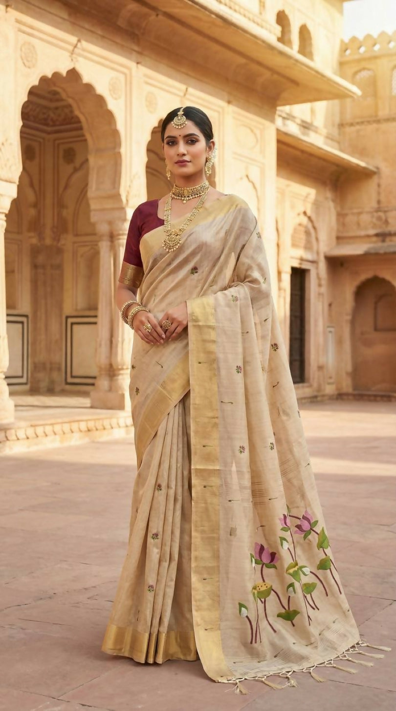 Vastranavya Cream Muga Cotton Meenakari & Munia Weaving Pallu Saree with Contrast Blouse