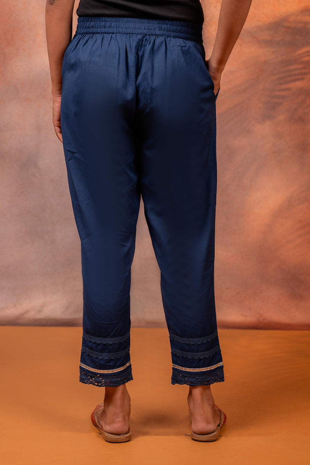 Juniper Navy Solid Cotton Flex Slim Fit Women Pants With One Pocket